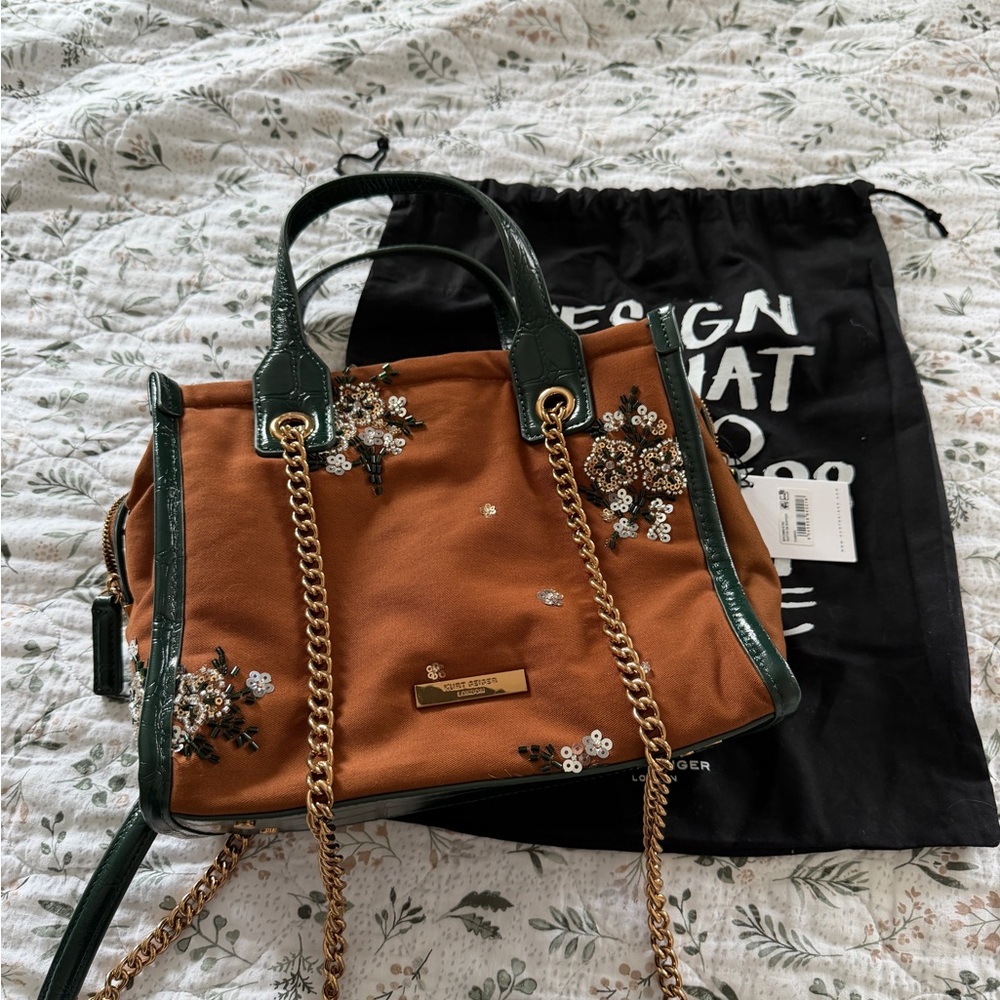 Kurt Geiger Embroidered Sequin Green Brown Tote Shoulder Crossbody Bag NWT - Picture 12 of 16